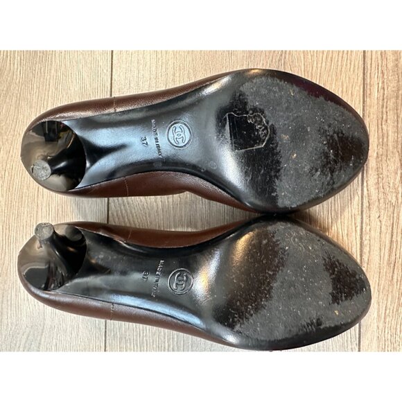 Vintage CHANEL Two Tone Brown Black Leather Ballet CC Bow Pumps Heels 37 - Picture 11 of 15